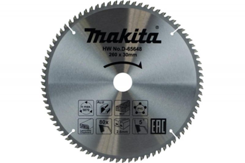Диск пильный универсальный для алюминия/дерева/пластика 260x30 мм, 80T Makita D-65648